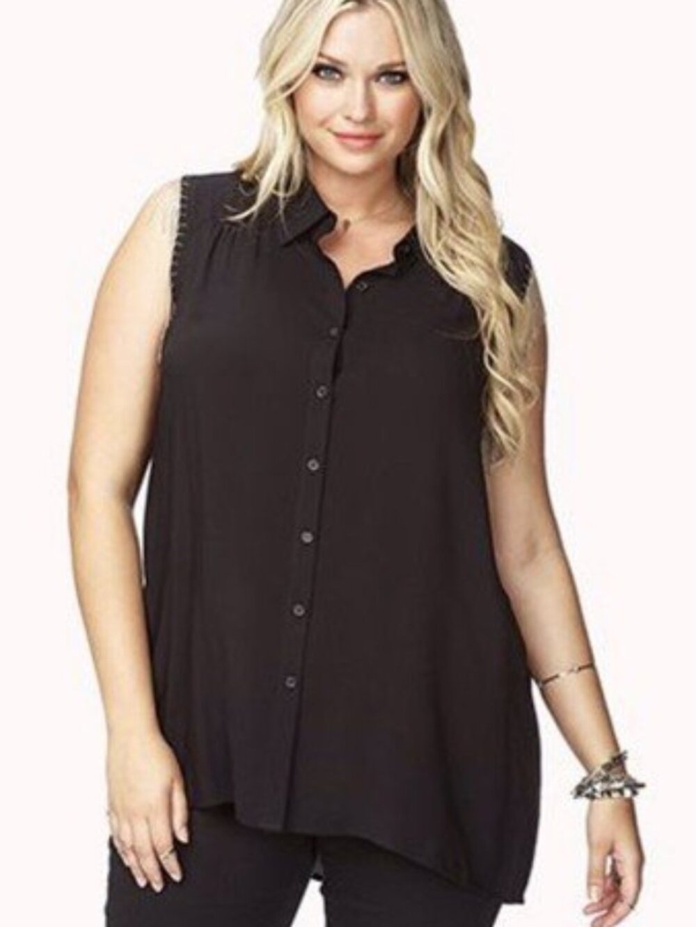 FOREVER 21+ Plus Black Silver Edgy Rock N' Roll Chain Fringe Shirt 2X